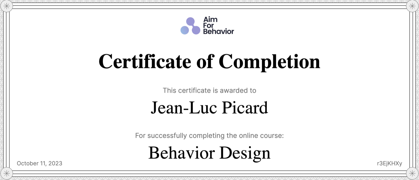 Behavior Design course completion certificate