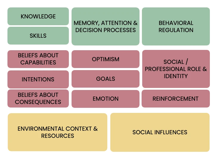 Course diagram grouping behavioral domains under capability, motivation, and opportunity.
