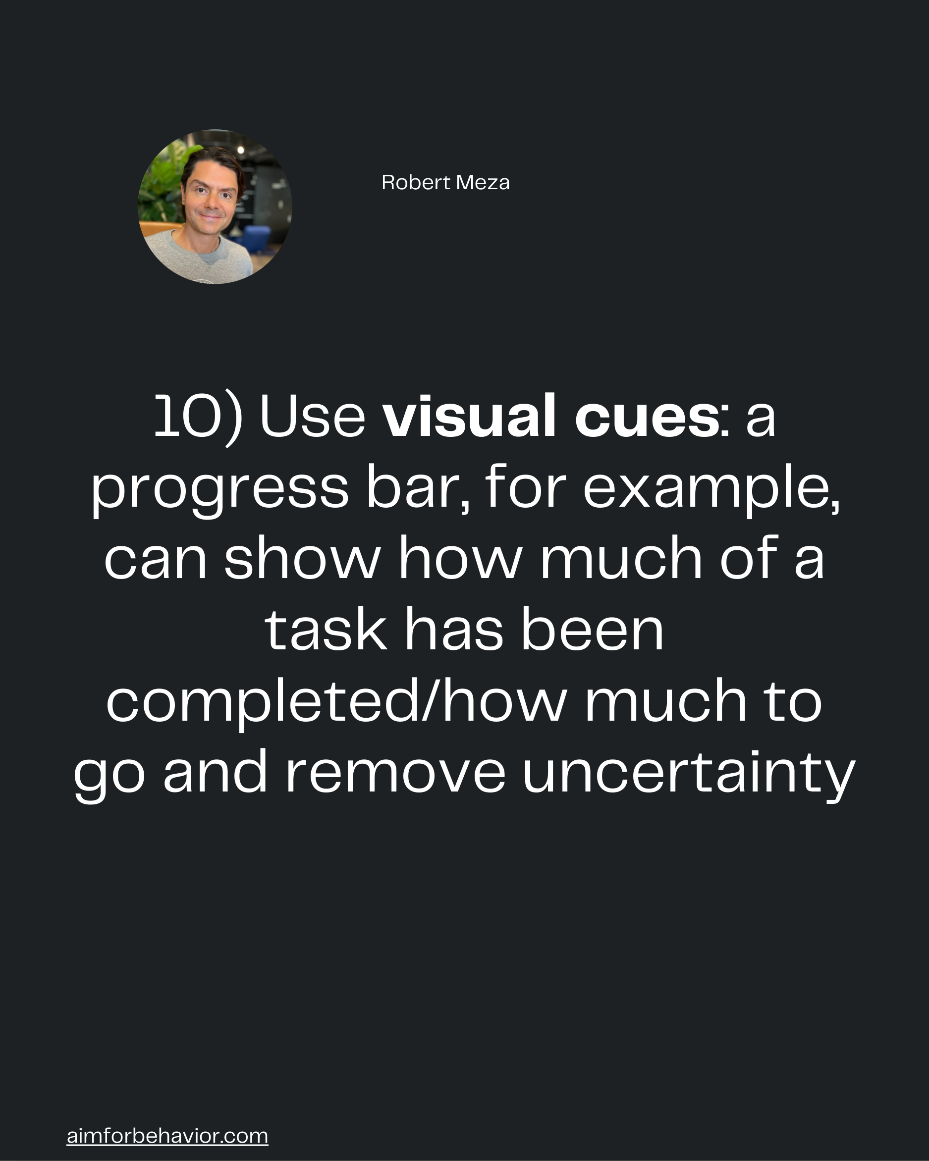 Robert Meza
10) Use visual cues: a
progress bar, for example,
can show how much of a
task has been
completed/how much to