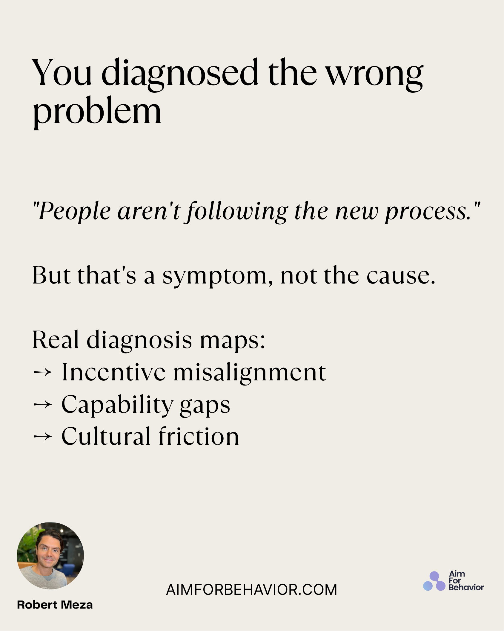 You diagnosed the wrong
problem
AIMFORBEHAVIOR.COM
Robert Meza 
"People aren't following the new process."
But that's a 