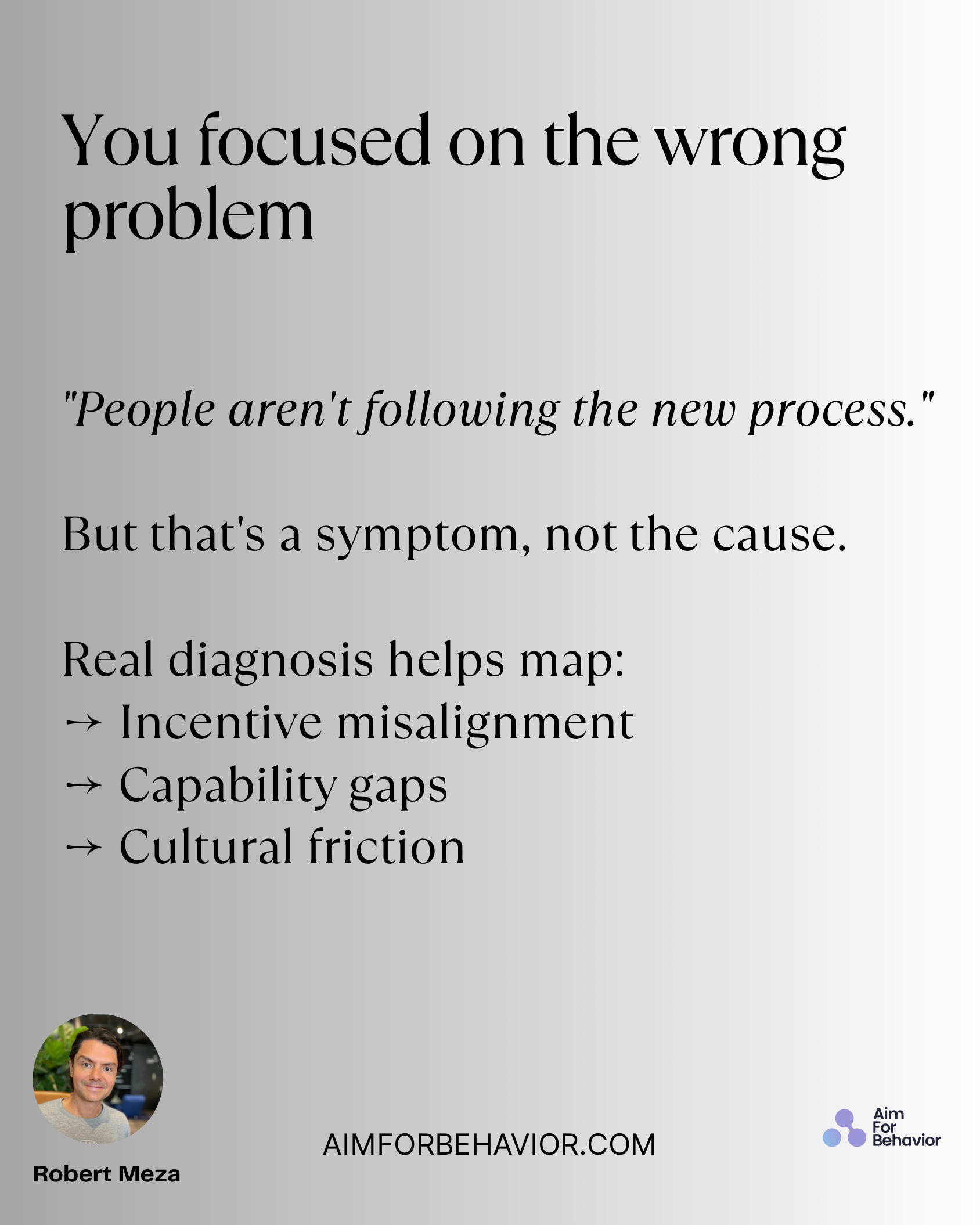 You focused on the wrong
problem
AIMFORBEHAVIOR.COM
Robert Meza 
"People aren't following the new process."
But that's a
