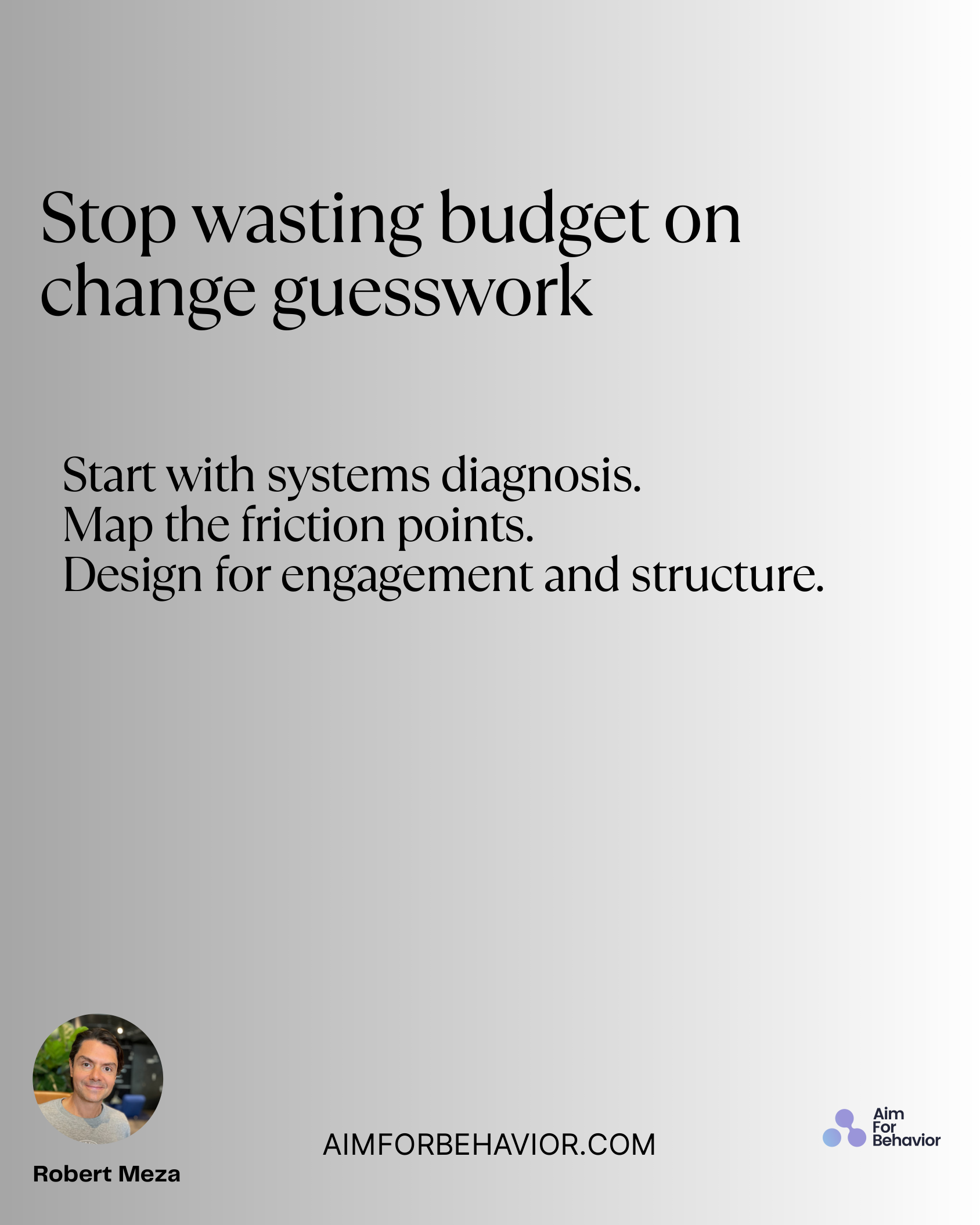 Start with systems diagnosis. 
Map the friction points. 
Design for engagement and structure.
Stop wasting budget on
cha