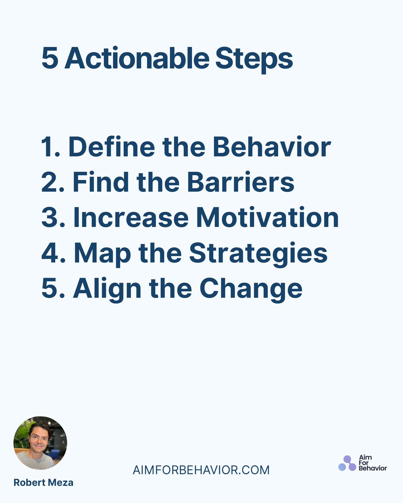 AIMFORBEHAVIOR.COM
Robert Meza 
1. Define the Behavior
2. Find the Barriers
3. Increase Motivation
4. Map the Strategies
