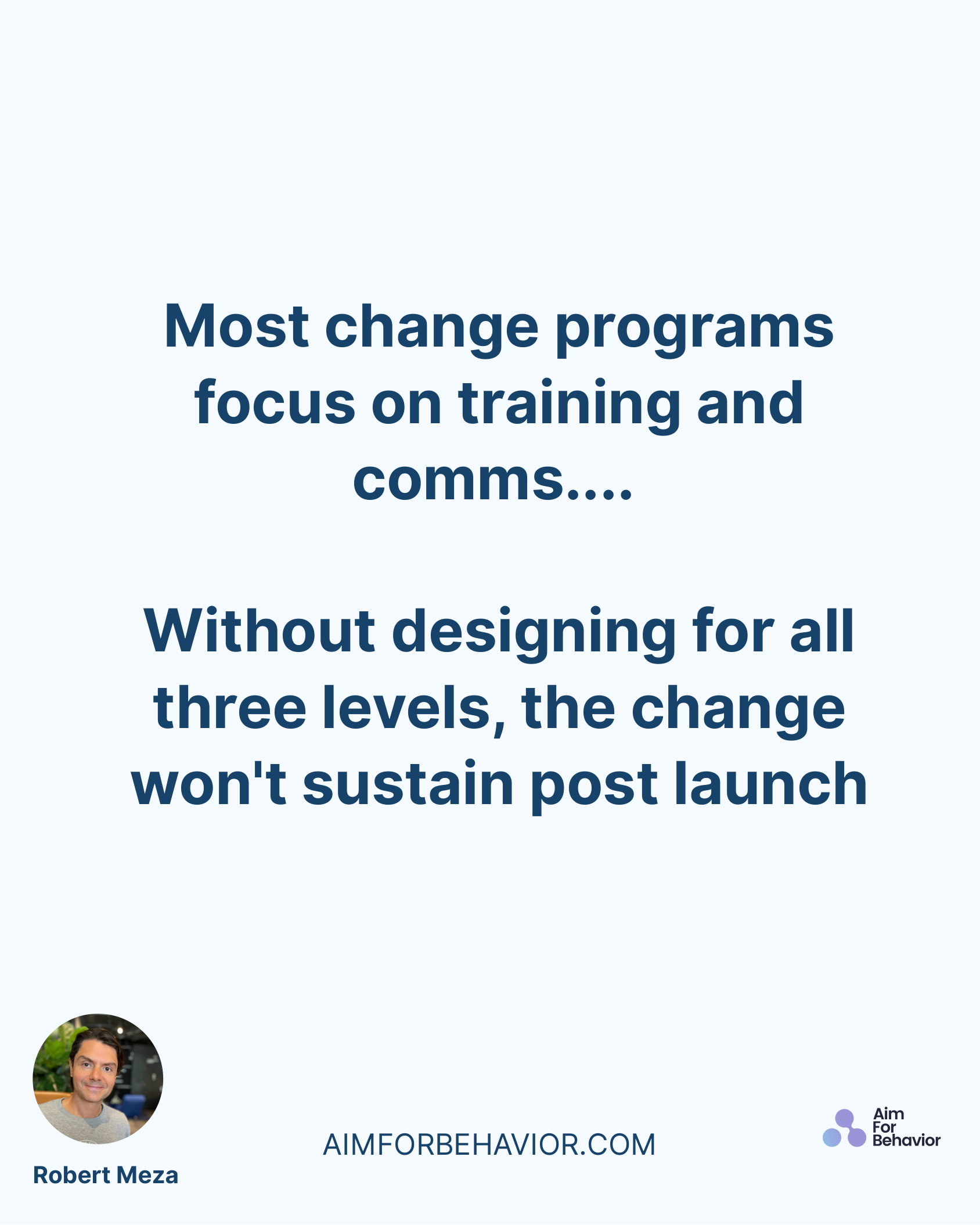 AIMFORBEHAVIOR.COM
Robert Meza 
Most change programs
focus on training and
comms.... 
Without designing for all
three le