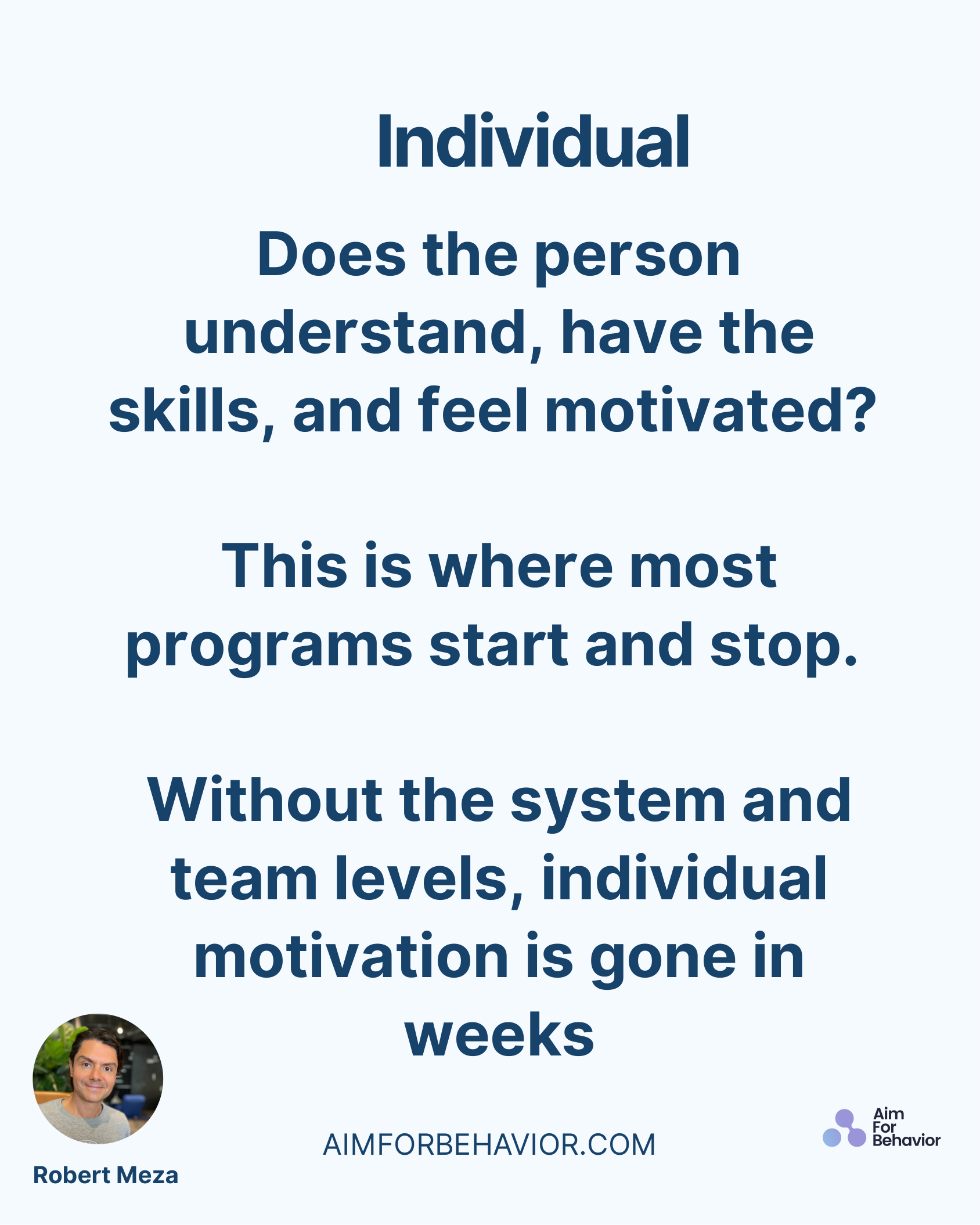 Individual
AIMFORBEHAVIOR.COM
Robert Meza 
Does the person
understand, have the
skills, and feel motivated? 
This is whe